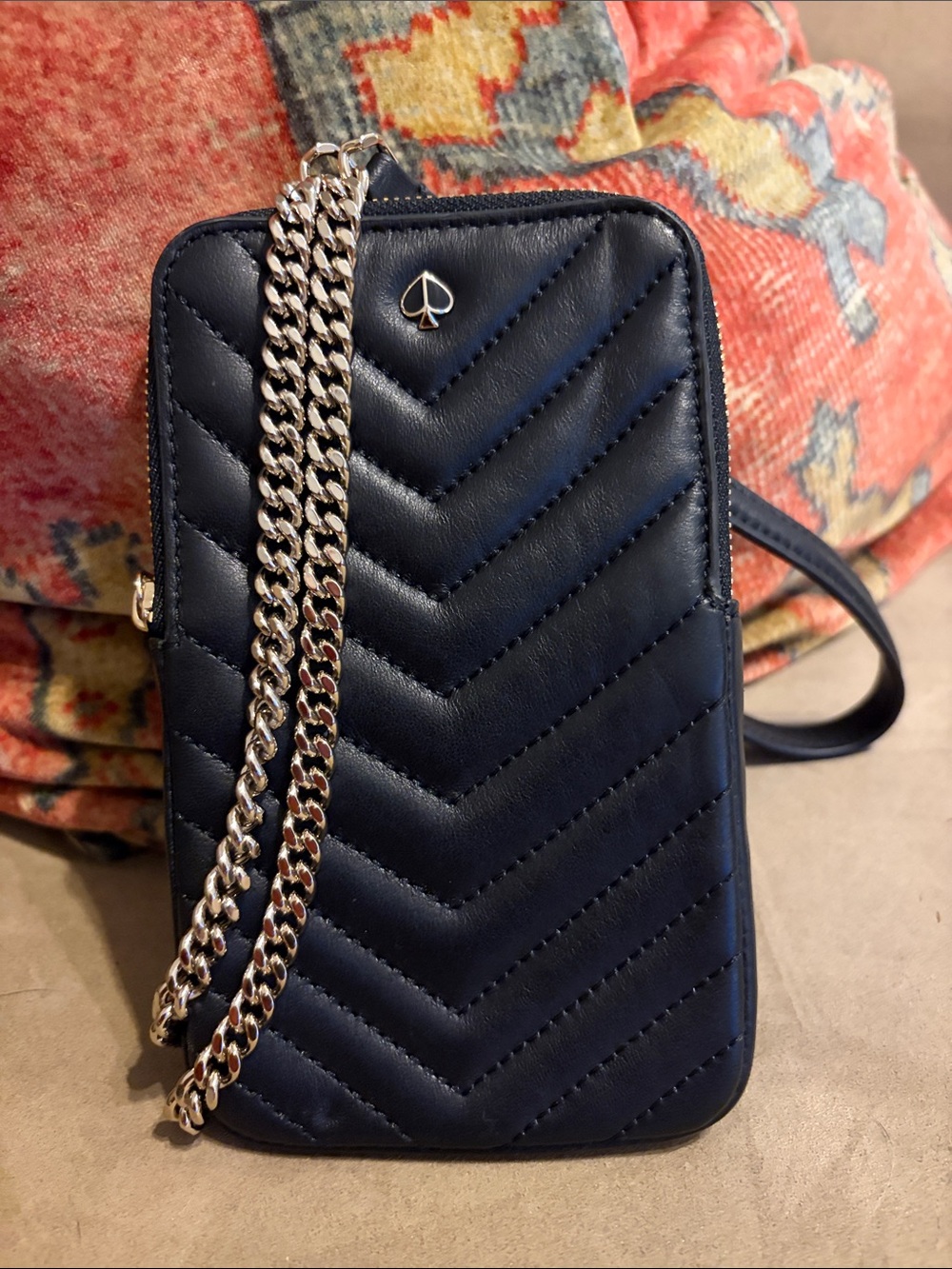 Kate Spade Black Amelia Quilted Crossbody Phone Bag with Silver Chain